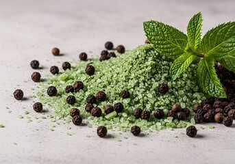 A vibrant fusion of refreshing mint crystals and bold black peppercorns, creating an intriguing contrast for innovative culinary experiences ,cooling ,black ,fragrant