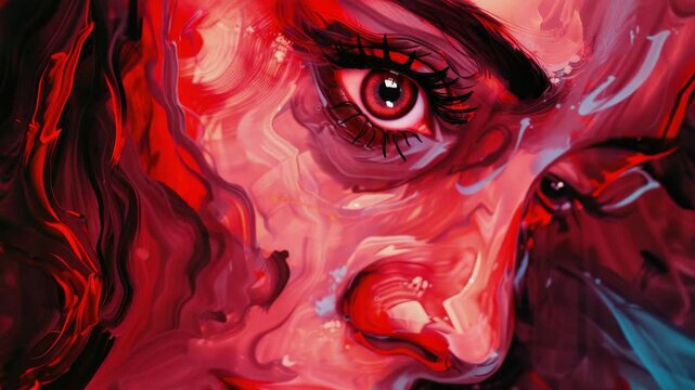 A close-up portrait of a woman's face featuring vivid pink and blue hues with contrasting black elements. The exhibits an artistic and abstract style.