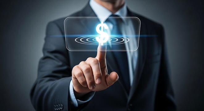Confidently businessman touches glowing digital dollar sign on futuristic interface, symbolizing financial growth and investment opportunities. - Powered by Adobe