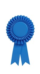 A detailed view of a vibrant blue competition award ribbon rosette, signifying first place and outstanding achievement on a white background ,textile ,win ,challenge