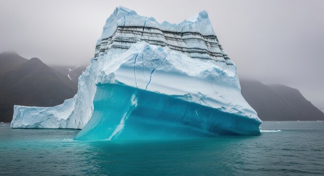 Massive striped iceberg with visible sediment layers. Vibrant blue underwater ice in a polar ocean. Global warming and climate change concept. Environmental science and geology research visual