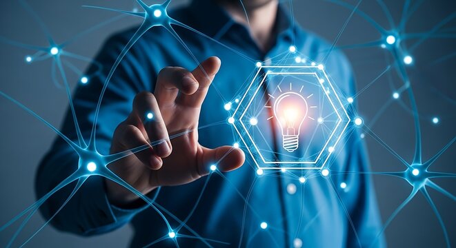 Man's hand connects to glowing lightbulb idea within neural network, symbolizing innovation and digital transformation.