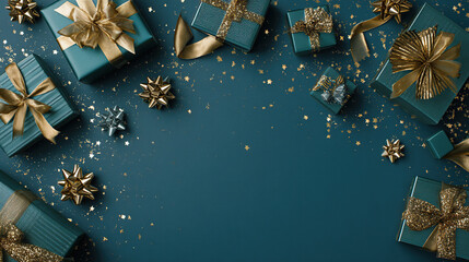 Elegant teal gift boxes adorned with shimmering gold ribbons and confetti create a festive, luxurious holiday celebration backdrop