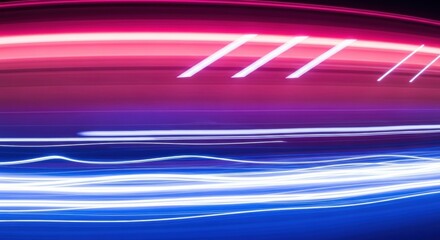 Futuristic light trails with long exposure motion blur. Vibrant pink and blue neon gradient for digital design. High speed data stream and network technology visualization