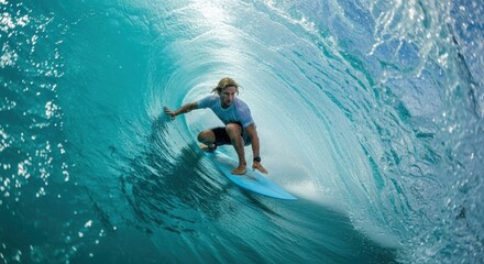 Young adult male surfer riding inside a perfect blue ocean wave. Extreme water sports athlete in a powerful barrel tube. Active lifestyle and adventure travel concept with intense focus
