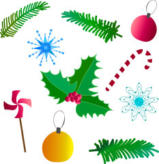 Christmas and New Year's set of vegetation, sweets, snowflakes and Christmas balls