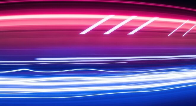 Futuristic light trails with long exposure motion blur. Vibrant pink and blue neon gradient for digital design. High speed data stream and network technology visualization