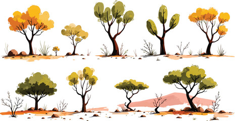 Illustration of diverse trees in a desolate environment on white background