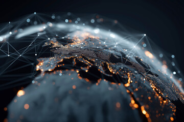 Detailed Close-up of Digital Earth Globe Showing Europe Illuminated by Golden Data Dots and Futuristic Network Connections