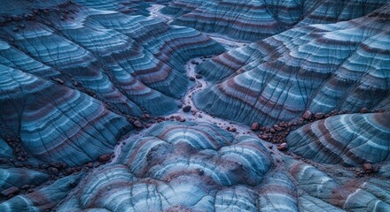 Abstract aerial of colorful badlands. Stratified rock formations creating natural patterns. Geological layers and sediment texture. Earth science and planetary exploration concept