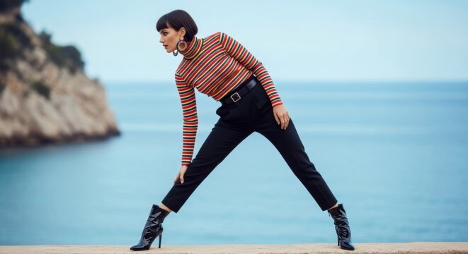 Stylish female adult in a colorful striped turtleneck. High fashion editorial concept with chic apparel. Dynamic avant garde pose for a modern clothing brand lookbook