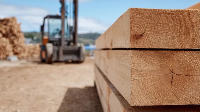Close-up of stacked wooden planks on sunny site, grain and knots visible