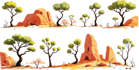 Scenic desert landscape featuring rock formations and vegetation watercolor painting