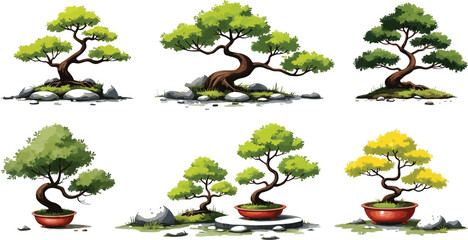 Serene Collection of Bonsai Trees with Green and Golden Foliage Illustrations