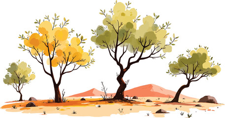 Stylized Desert Landscape with Colorful Trees Illustration for Decorative Purposes