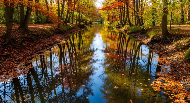 Vibrant autumn forest with a serene river reflecting colorful fall trees and a clear blue sky, with fallen leaves covering the banks and water surface. - Powered by Adobe