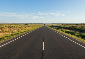 Fototapeta premium A wide asphalt highway stretching toward the distant horizon, flanked by a grassy shoulder and rugged scrubland under a bright summer sky ,journey ,long ,deserted