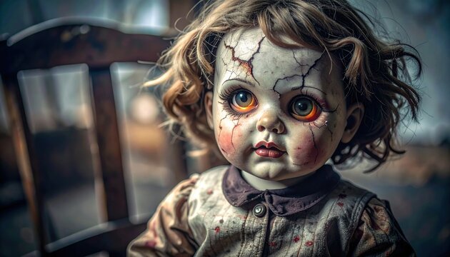 Creepy doll with cracked face, sitting on a wooden chair, blurred background