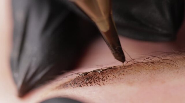 Macro process of eyebrow tattooing permanent microblading on female client.