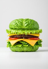 A vibrant green lettuce leaf artfully arranged to mimic the layers of a classic cheeseburger. A creative and healthy food concept ,unique ,vibrant ,nutrition