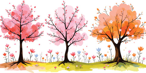 Watercolor blossom trees with vibrant flowers in spring season drawing art