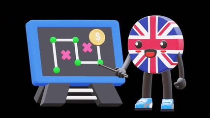 Cute 3D United Kingdom flag character explaining business strategy on digital board with finance route and plan. - Powered by Adobe