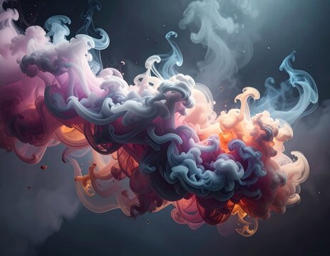 Colorful, abstract smoke swirls against a dark, atmospheric background