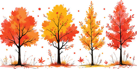 Watercolor trees in autumn colors with falling leaves on white background