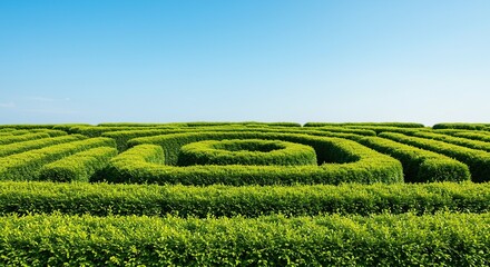 A vibrant green maze made of lush hedges under a bright, clear summer sky, inviting exploration and outdoor adventure ,solution ,exploration ,growth