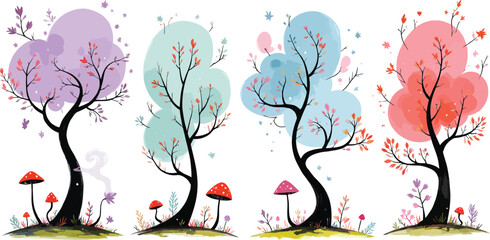 Whimsical Forest of Stylized Trees with Mushrooms and Colorful Foliage