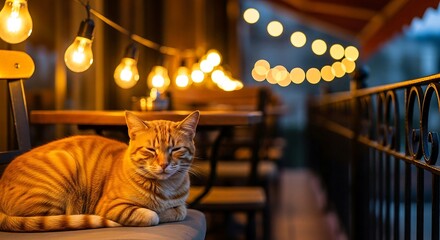 Ginger tabby cat resting on a chair at an outdoor cafe with string lights creating a cozy warm ambiance for advertising a relaxing atmosphere.