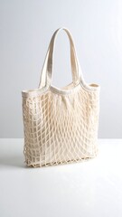 Fototapeta premium A close-up studio shot showcases a reusable eco-friendly shopping bag against a white backdrop. The bag features a net design