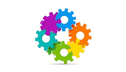 Colorful gears interlocking representing teamwork, connection, and problem-solving solutions