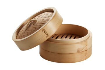 Bamboo Steamer with Lid Slightly Open, Angled Perspective