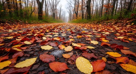 Scenic forest path covered with vibrant red, orange, and yellow autumn leaves on a misty, damp fall day.