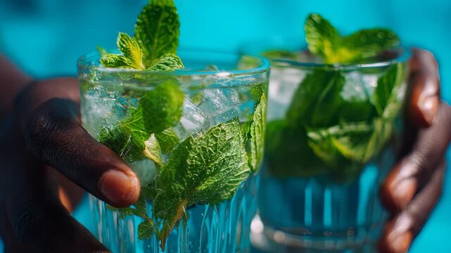 Close up of a cool mojito cocktail garnished with mint, served in a glass and held outdoors. The vivid blue backdrop highlights the freshness and chill of this trendy beverage