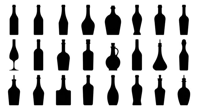 A black and white illustration of 24 different wine and liquor bottle silhouettes arranged in three rows.