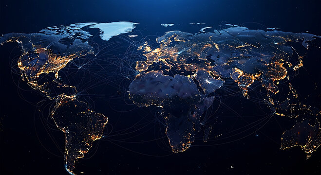 Global network over world map with city lights and connections