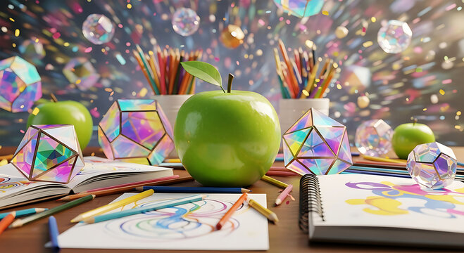 Green apple, colorful pencils, iridescent shapes, creative workspace.