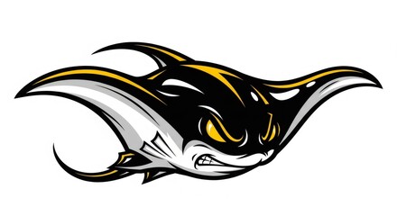 Aggressive Dark Ray with Yellow Accents and Sharp Teeth Graphic Illustration on White Background Sports Team Emblem and Esports Logo Design
