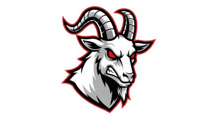 Aggressive Goat Head Illustration with Red Eyes and Sharp Horns Outlined in Red on White Background