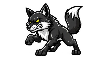 Aggressive Gray Cartoon Wolf with Yellow Eyes Leaping Forward Isolated on White Background