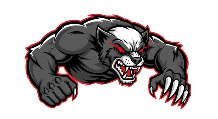 Aggressive Gray Wolf with Red Outline and Eyes, Sharp Claws, and Bared Teeth Against a White Background