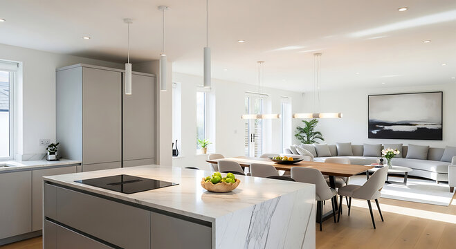 Modern open plan living room, kitchen, and dining area design