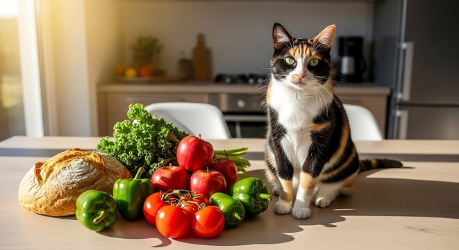 calico cat with fresh produce in kitchen sitting elegantly amidst apples peppers kale and bread ideal for health nutrition and lifestyle blogs - Powered by Adobe