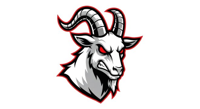 Aggressive Goat Head Illustration with Red Eyes and Sharp Horns Outlined in Red on White Background