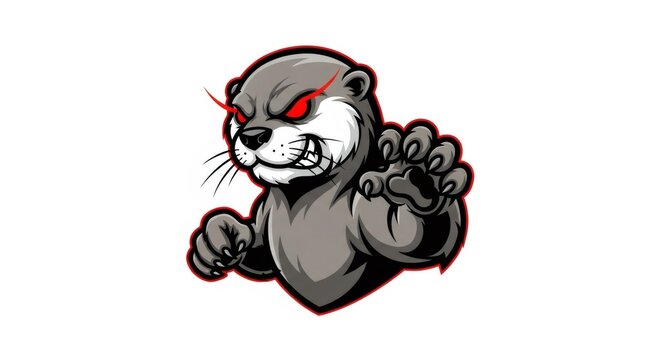 Aggressive Gray Otter with Red Eyes and Sharp Claws on White Background for Mascot or Logo Design