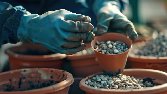 Person sorting and arranging soil mix and rocks into plastic containers or pots.