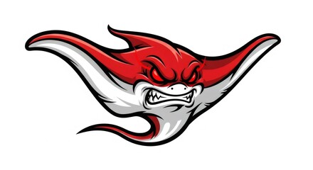 Aggressive Red Stingray Cartoon Mascot with Sharp Teeth and Glowing Red Eyes on White Background