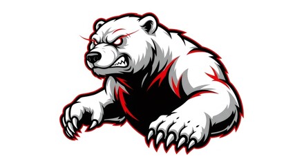 Obraz premium Aggressive White Bear with Red Accents Displaying Ferocious Stance on White Background Vector Graphic Illustration